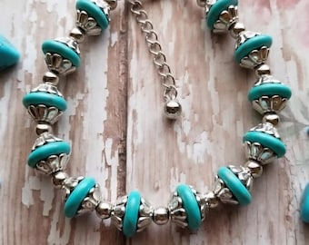 Western Turquoise Bracelet, Silver Beaded Bracelet, Gifts for Her, Turquoise Statement Bracelet, Bohemian Silver Designer Bracelet