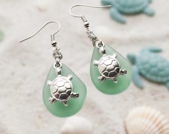 Sea Glass Earrings, Sea Glass, Turtle Earrings, Silver Turtle Earrings, Beach Jewelry, Gifts for Her, Statement Earrings, Dainty Earrings