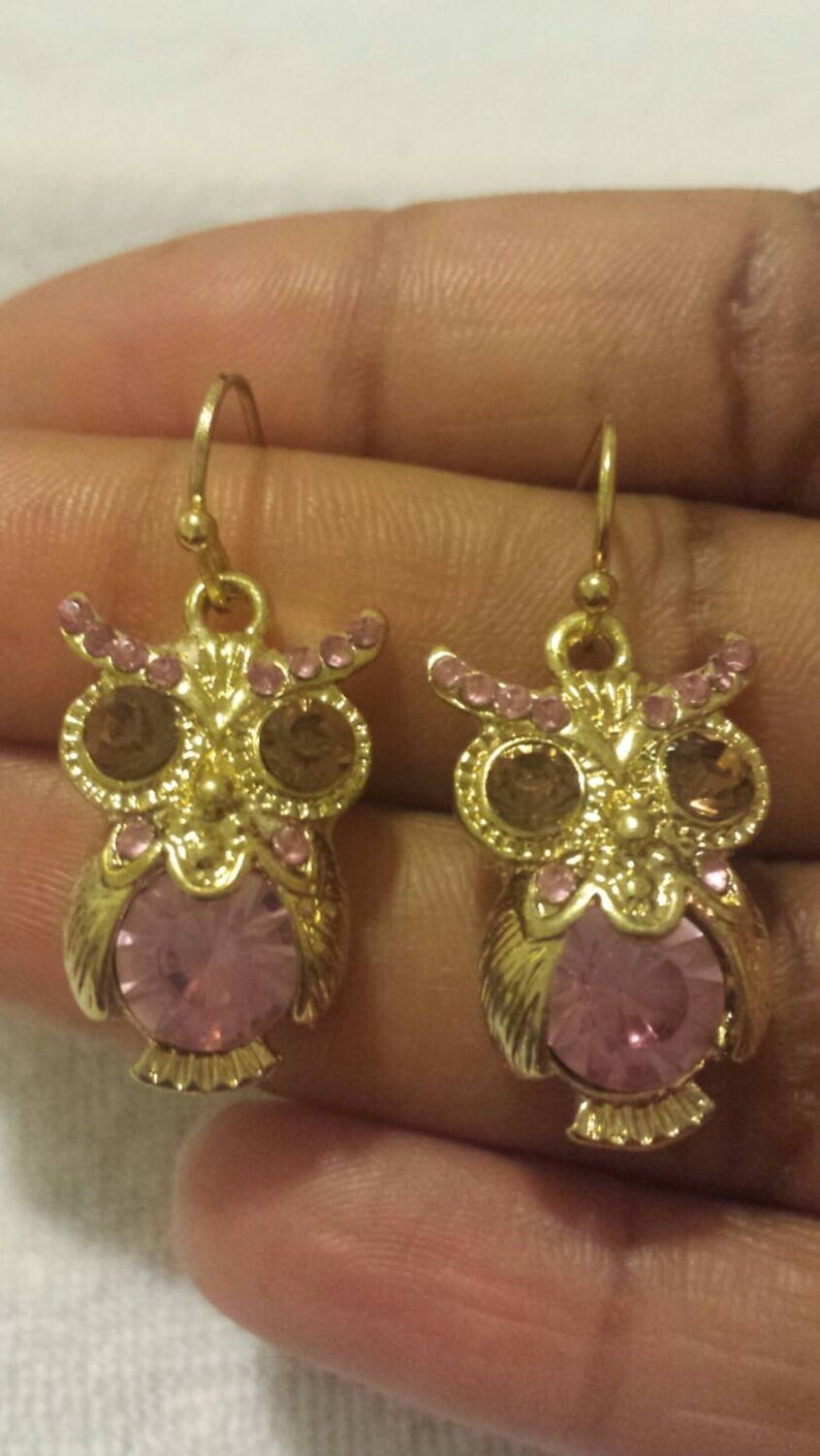 Color Owl Earrings Dangle Earrings Small Owl Earrings Purple Earrings Birthstone Earrings Crystal Owl Earrings Gold Owl Dangle Earrings
