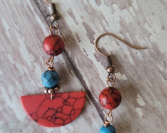 Red Semicircle Earrings, Red and Turquoise Statement Earrings, Copper Drop Earrings, Gifts for Her, Western Beaded Earrings, Dainty Jewelry