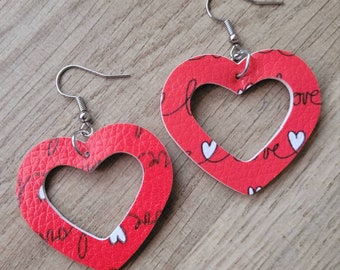 Red Heart Earrings, Gifts for Her, Valentine Statement Earrings, Leather Open Heart Earrings, Festive, Love Jewelry, Cute Earrings