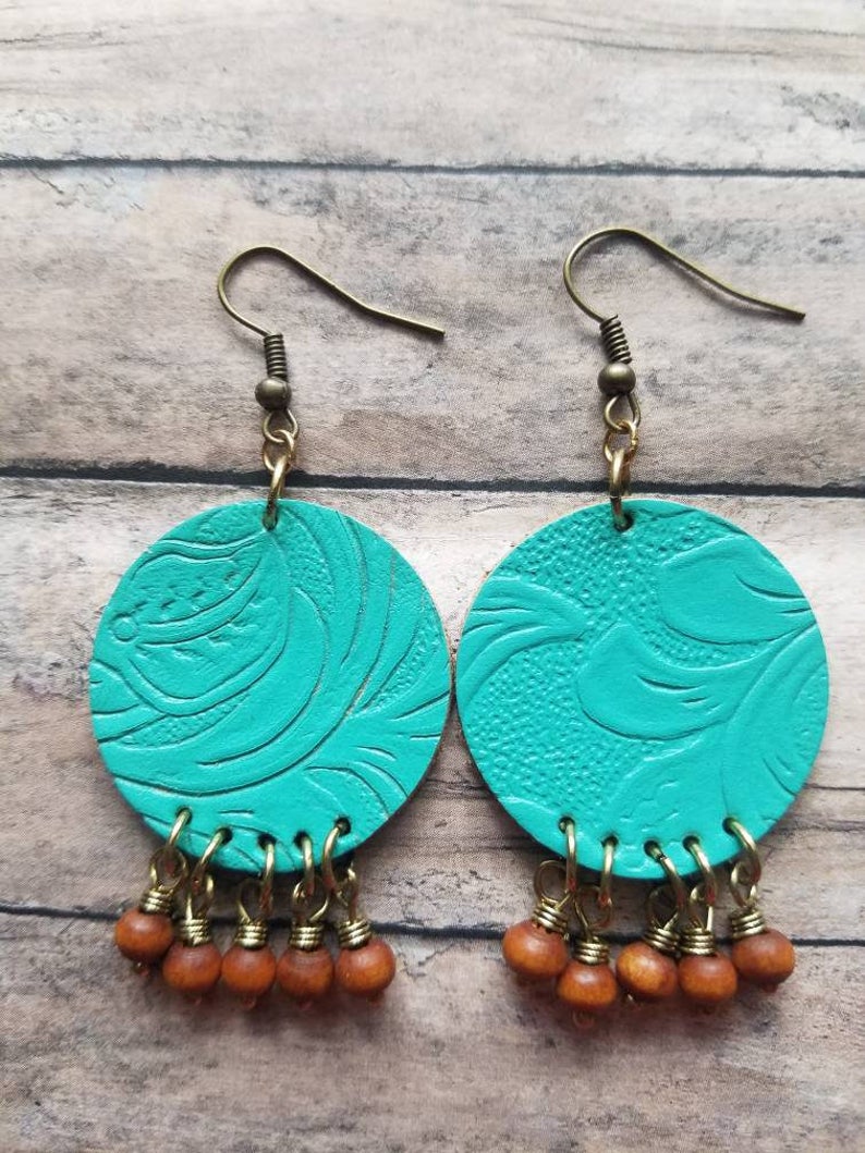 Leather Earrings Teal Earrings Gifts for Her Statement Etsy
