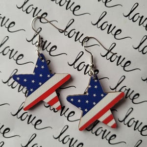 Patriotic Star Earrings, Wood Flag Earrings, Star Spangle Earrings, Independence Day, Gifts for Her, Cute Star Earrings, July 4th, Festive