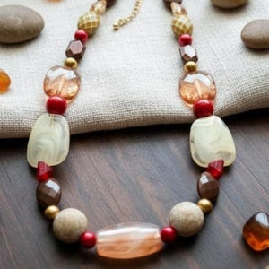 Mixed Bead Necklace, Gifts for Her, Statement Necklace, Collar Necklace, Brown and Ivory Necklace, Red and Brown Necklace, Boho Necklace