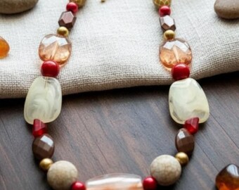 Mixed Bead Necklace, Gifts for Her, Statement Necklace, Collar Necklace, Brown and Ivory Necklace, Red and Brown Necklace, Boho Necklace
