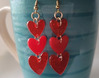 Red Heart Earrings, Glitter Heart Jewelry, Dangle Heart Earrings, Gift for Her, Love Jewelry, Valentines Gift, Cute Earrings, Lady in Red