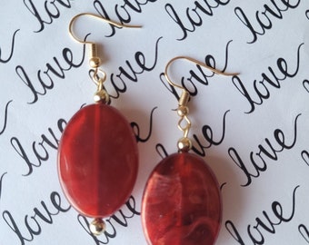 Red and Gold Oval Earrings, Gifts for Her, Statement Boho Earrings, Dainty Red Jewelry, Handmade, Cute Summer Earrings, Lady in Red