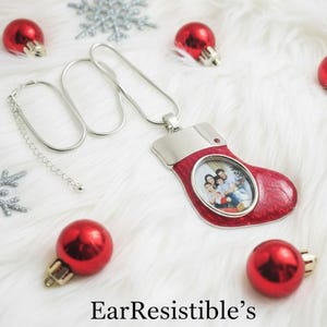 Large Christmas Stocking Pendant Christmas Picture Frame Picture Pendant Gifts for Her Statement Earrings Necklace Pendant with Silver Chain