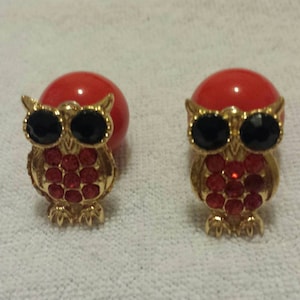 Red Owl Earrings, Front Back Earrings with Ball Backs, Fashion Statement Earrings, Red Owl Crystal Earrings, Gifts for Her, Cute Owl Jewelry