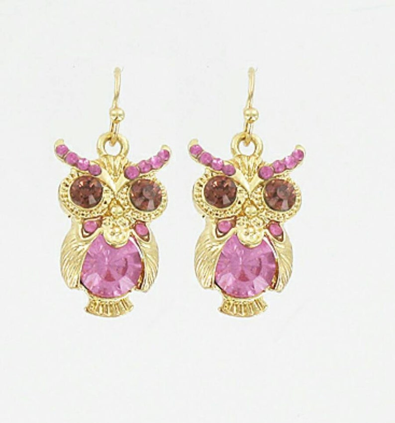 Color Owl Earrings Dangle Earrings Small Owl Earrings Purple Earrings Birthstone Earrings Crystal Owl Earrings Gold Owl Dangle Earrings