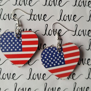 Heart USA Flag Earrings, Wood Statement Earrings, Independence Day Earrings, American Spirit Dangle Earrings, 4th of July Jewelry, Festive