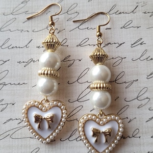 Pearl Heart Earrings, Gold Heart Charms, Pearl Drop Earrings, Gifts for Her, Gold Bow Statement Earrings, Valentine Earrings, Beaded Earring