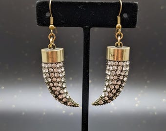 Crystal Tusk Earrings, Boho Statement Earrings, Antique Gold Earrings, Gifts for Her, Figural Retro Jewelry, Cute Punk Earrings