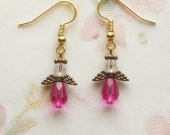 Pink Angel Earrings, Gifts for Girls, Small Earrings, Religious Gifts, Gold Angels, Angel Jewelry, Teardrop Earring, Handmade, Dainty