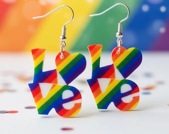 Love Pride Earrings, Rainbow Heart Earrings, Rainbow Love Earrings, Festive Pride Jewelry, Cute Statement Earrings, Acrylic Drop Earrings