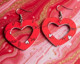 Red Heart Earrings, Gifts for Her, Valentine Statement Earrings, Leather Open Heart Earrings, Festive, Love Jewelry, Cute Earrings