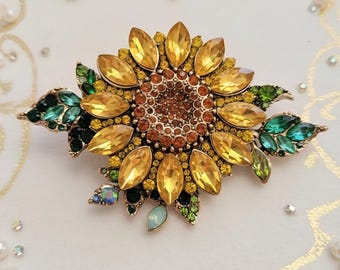 Sunflower Crystal Brooch, Gifts for Her, Beautiful Statement Brooch, Floral Clothing Pin, Figural Brooch, Scarf Brooch, Flower Brooch