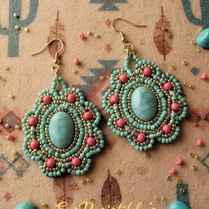 Turquoise Brick Stitch Earrings, Oval Beaded Statement Earrings, Western Earrings, Large Turquoise Earrings, Delicate Oval Stone Earrings