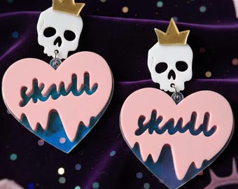 Skull Earrings, Cute Pink Heart Earrings, Skull with Crown Earrings, Halloween Statement Earrings, Iridescent Drop Earrings, Quirky Earrings