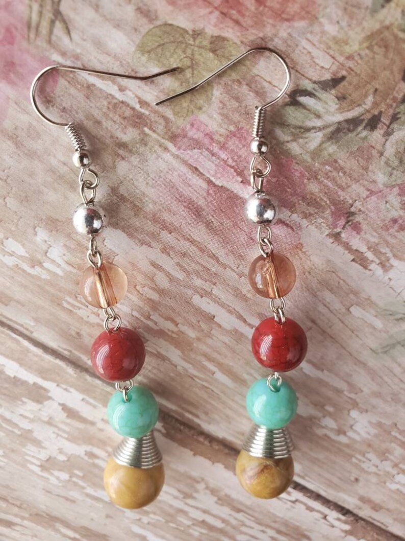 Bohemian Earrings Long Earrings Statement Earrings Gifts for Her Mixed Bead Earrings Wire Wrapped Agate Earrings Handmade Chakra Earrings