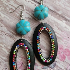 Rainbow Oval Drop Earrings, Beaded Wood Statement Earrings, Turquoise Jewelry, Shoulder Dusters, Urban Earrings, Colorful, Dainty, Festive
