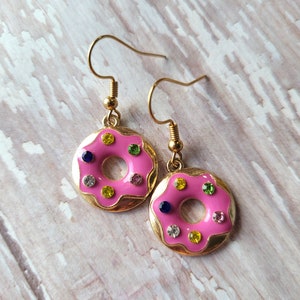 Donut Earrings, Miniature Food, Gifts for Her, Statement Drop Earrings, Pink Frosted Donuts, Cute Donut Jewelry, Gold Donuts, Crystal Donuts