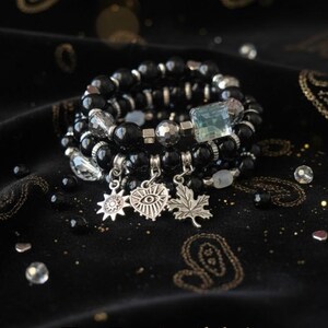 Stackable Bracelet Set, Evil Eye Heart Charm Bracelet Set, Beaded Stack Bracelets for Her, Bohemian Black Stretch Bracelet Sets, Gothic