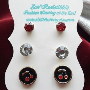Crystal Trio Set Stud Earrings Gifts for Her Statement Enamel Cherry Studs Red Crystal Jewelry Earring Set Fruit Earrings Kawaii Kitsch