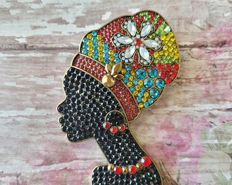 Crystal Female Brooch, Nubian Goddess Brooch, Crystal Figural Brooch, Female Silhouette, Beautiful Brooches, Clothing Pin, African Brooch