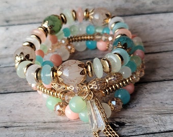 Pastel Stackable Boho Bracelet Set, Stacked Jewelry, Crystal Bracelet, Gold Chains, Gifts for Her, Beaded Statement Bracelets, Gold Charms