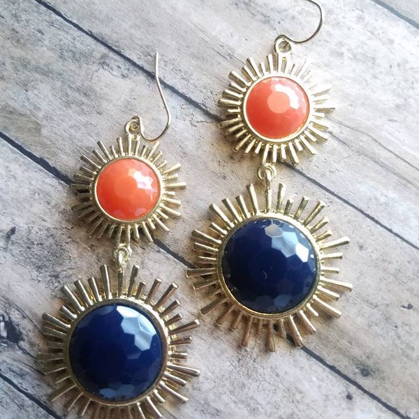 Bright Sun Faux Stone Earrings Navy Blue and Orange Dangle Earrings Gifts for Her Statement Earrings Gold Sunburst Earrings Boho Earrings
