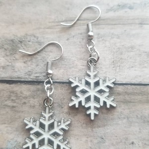White Snowflake Earrings Snowflake Dangle Earrings Christmas Earrings Enamel Charm Earrings Gifts for Her Statement Earrings Silver Earrings