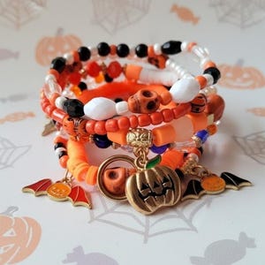 Gold Pumpkin Stacked Bracelet Set, Stackable Statement Bracelet Set, Fall Jewelry, Stretch Bracelets, Gifts for Her, Cute Halloween, Skulls