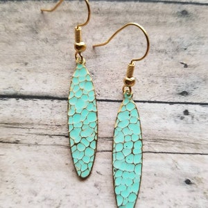 Minimalist Patina Earrings,  Gold Hammered Drop Earrings, Gifts for Her, Oval Statement Earrings, Boho Chic, Teal Texture Earrings, Delicate
