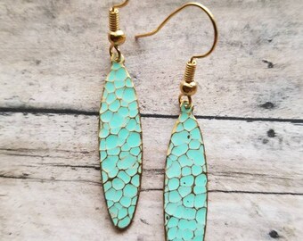 Minimalist Patina Earrings,  Gold Hammered Drop Earrings, Gifts for Her, Oval Statement Earrings, Boho Chic, Teal Texture Earrings, Delicate