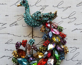 Colorful Bird, Fancy Rainbow Peacock Brooch, Gifts for Her, Beautiful Statement Brooches, Large Crystal Brooch,  Clothing Pin, Bird Jewelry