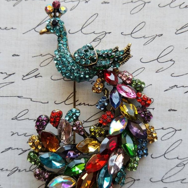 Colorful Bird, Fancy Rainbow Peacock Brooch, Gifts for Her, Beautiful Statement Brooches, Large Crystal Brooch,  Clothing Pin, Bird Jewelry