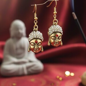SALE, Gold Crystal Buddha Earrings Small Dangle Earrings Gifts for Her Statement Earrings Oriental Jewelry Buddha Charms Bking Earrings