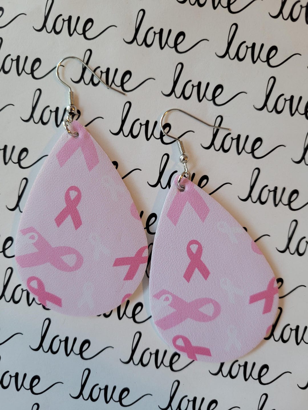 Pink Ribbon Earrings, Floating Pink Heart Earrings, Breast Cancer