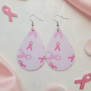Pink Ribbon Earrings, Floating Pink Heart Earrings, Breast Cancer Awareness, Cute Survivor Earrings, Pink Ribbon Statement Earrings, Dainty