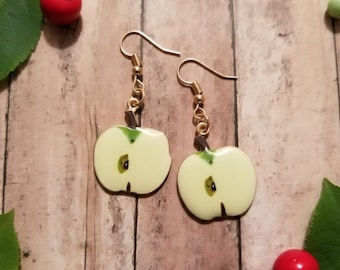 SALE, Green Apple Earrings, Gifts for Her, Gold Statement Earrings, Fruit Earrings, Miniature Food Jewelry, Novelty Earrings, Teachers Apple