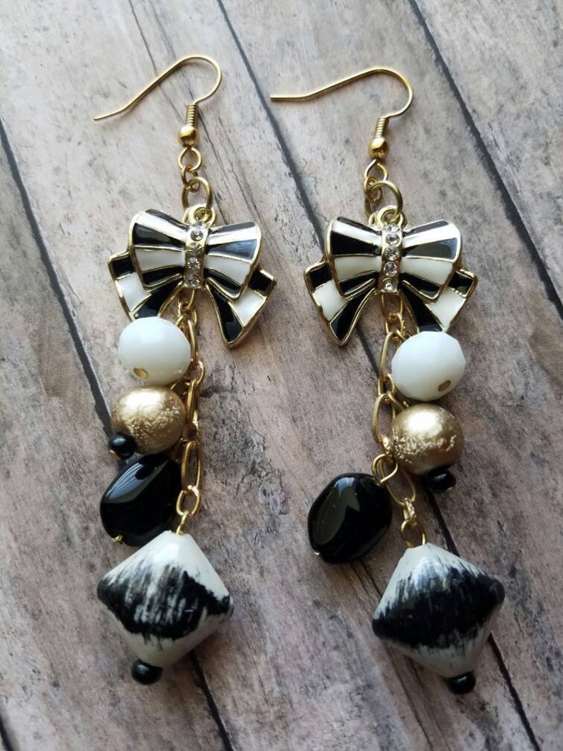 Crystal Bow Earrings Stripe Bow Drop Earrings Statement Etsy