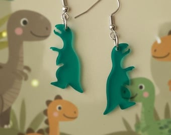 Green Dinosaur Earrings, Gifts for Her, Statement Earrings, Transparent Drop Earrings, Jurassic Park Earrings, Figural Earrings, Retro T-Rex
