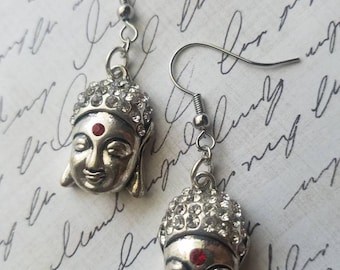 SALE, Silver Crystal Buddha Earrings Small Dangle Earrings Gifts for Her Statement Earrings Oriental Jewelry Buddha Charms Bling Earrings