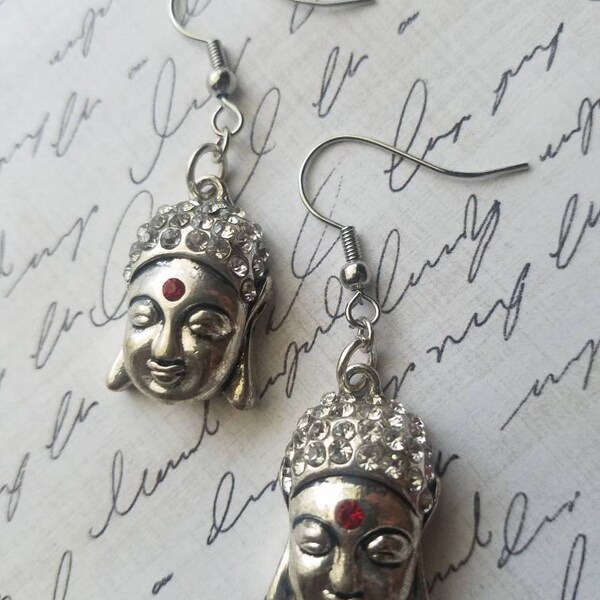 SALE, Silver Crystal Buddha Earrings Small Dangle Earrings Gifts for Her Statement Earrings Oriental Jewelry Buddha Charms Bling Earrings