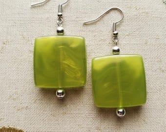 Green and Silver Square Earrings, Gifts for Her, Dainty Statement Earrings,  Handmade, Bohemian Summer Jewelry