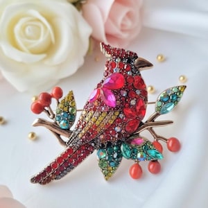 Cardinal Bird Brooch, Bird Lover Gifts, Figural Brooch, Beautiful Statement Brooch, Colorful Crystal Brooch, Clothing Pin, Red Bird  Jewelry