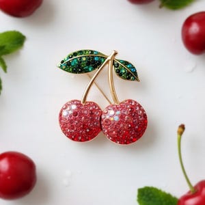 Wild Cherry Crystal Brooch, Figural Brooch, Clothing Pin, Gifts for Her, Beautiful Statement Brooch, Sweet Fruit Jewelry, Cherry Lovers