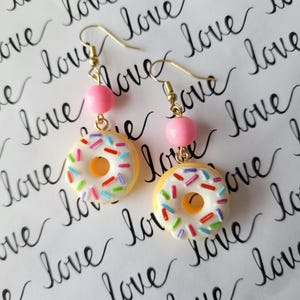 Donut Earrings, Miniature Food, Gifts for Her, Dangle Statement Earrings, Pink Frosted Donuts, Cute Gold Earrings, Novelty, Quirky Jewelry