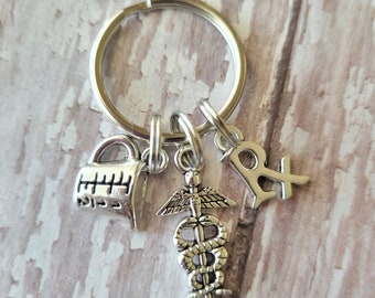 Pharmacy Keychain, Pharmacy Tech Gift, Pharmacist Keyring, Silver Keychain, Medical Statement Keyring, Key Holder with Charms, Car Accessory